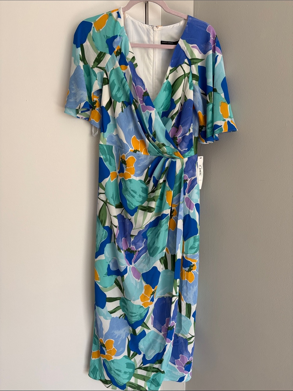 Maggy London Teal, Blue & Yellow Floral Wrap Midi Dress